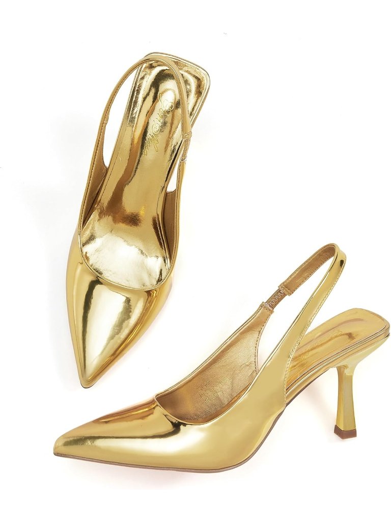 Women's Gold Slingback Kitten Heel Pointed Closed Toe Stiletto Pumps Slip On